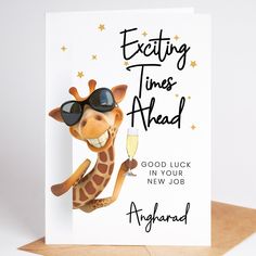 a card with a giraffe wearing sunglasses and holding a wine glass in its hand