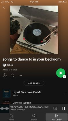 a record player with an mp3 player on top of it and the words, songs to dance in your bedroom