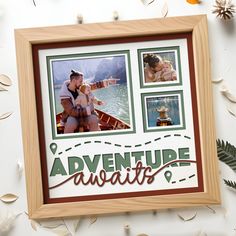 an adventure awaits photo frame with two photos and leaves around it on a white background