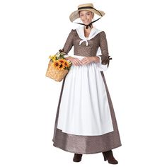 a woman dressed in a colonial era dress and hat holding a basket full of flowers