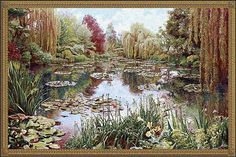 a painting of water lilies and trees