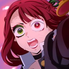 an anime character with red hair and green eyes holding onto another character's shoulder