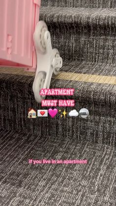 an advertisement for the apartment must have it's stairs in pink and grey carpet