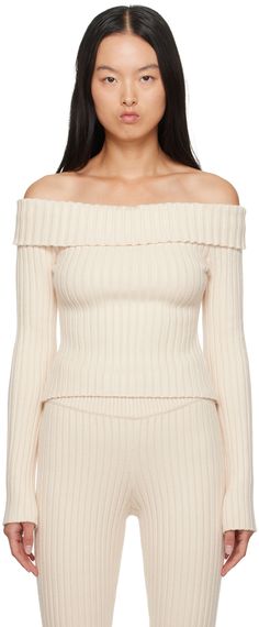 Rib-knit rayon- and nylon-blend sweater. · Off-the-shoulder construction · Foldover neck Supplier color: Ivory White Off-shoulder Knit Top, Stretch Ribbed Off-shoulder Top, Stretch Knit Off-shoulder Sweater, Stretch Ribbed Off-shoulder Sweater, Chic Stretch Off-shoulder Knit Top, Bow Sweater, Black Off Shoulder, Off Shoulder Sweater, White Sweaters