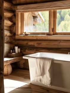 a white bath tub sitting inside of a bathroom next to a window and wooden walls