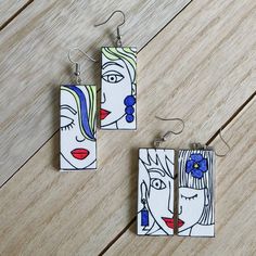 Artistic Hand Painted Earrings, Pop Art Jewelry, Watercolor Jewelry, Altered Jewelry, Recycled Earrings, Diy Paintings, Face Jewelry, Earrings Diy Handmade, Earrings Ceramic