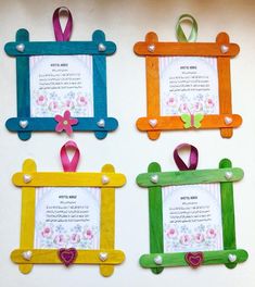 four different colored frames with ribbons attached to them