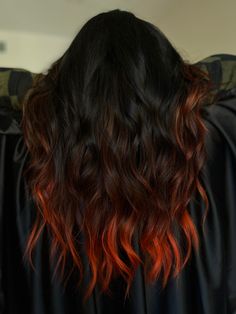 Dark Orange And Black Hair, Black Hair With Red Extensions, Black Hair With Orange Tips, Black To Orange Ombre Hair, Orange Underneath Hair, Black Hair With Orange Highlights, Ends Of Hair Dyed, Fun Natural Hair Color Ideas, Hair Ends Dyed