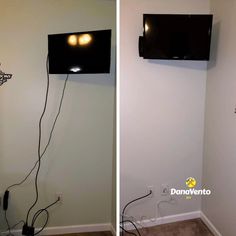 two pictures side by side one has a tv and the other is an electrical outlet