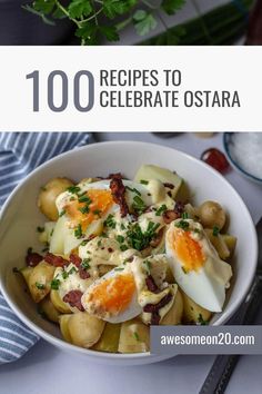 a bowl filled with pasta and eggs on top of a table