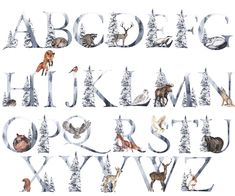 the letters are made up of animals and trees in snow - covered alphabets,