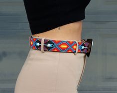 Leather beaded belt with removable Grace buckle. Ipanema design (southwestern inspired).If you don't see your size, send an email to sales@sambboho.com. We can make the belt in any sizes you want. This belt is part of our made to order collection. Estimated delivery date for made to order items is 15-20 business days (includes processing+ shipping time). Very unique and long lasting Brazilian leather belts. Fully handmade. Beautiful art pieces made of un-dyed full grain leather and Slovakian gla Women's Belts, Beaded Belt, Vogue Magazine, Bead Leather, Leather Belts, Long Pants, Belts For Women, Full Grain Leather, Selling On Etsy