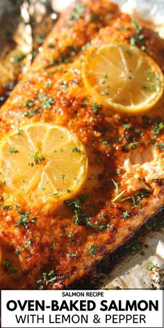 salmon with lemons and pepper on the side is shown in this advertisement for oven baked salmon