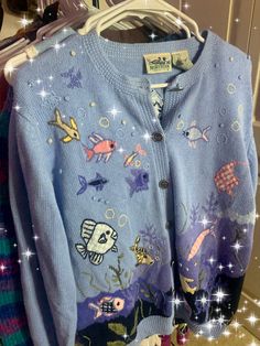 Maximalist Cardigan, Fun Cardigans, Fish Clothes, Fish Outfit, Fish Sweater, Her Drawing, Silly Clothes, Sea Clothes, Novelty Sweater