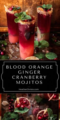 blood orange cranberry mojitos on a table with mint leaves and berries