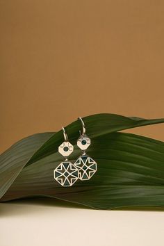 a pair of silver earrings sitting on top of a green plant leaf next to a brown wall