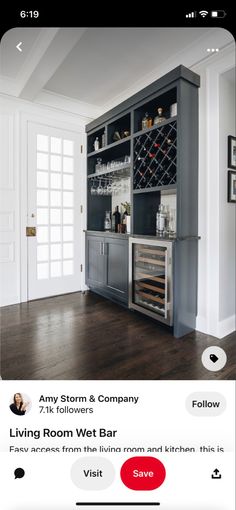 an instagram page on the app for living room wet bar