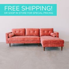 an orange couch with the words free shipping or shop in store for special pricing