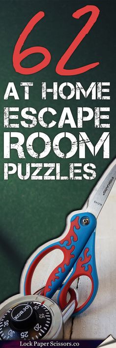 a pair of scissors with the words 52 at home escape room puzzles in front of it