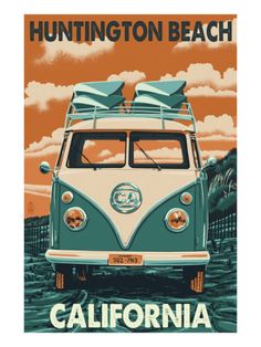 an advertisement for the oregon coast with a vw bus and surfboards on top