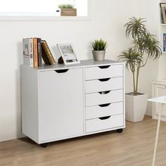 a white cabinet with five drawers and two plants on top, in a living room