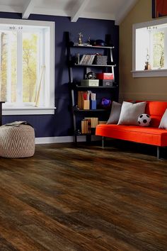 a living room with wood floors and blue walls