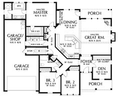 the first floor plan for a home with two master suites and an attached garage area