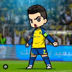 a cartoon soccer player with his mouth open in the middle of a game, standing on a field