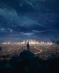 a person standing on top of a hill looking at the city lights in the distance