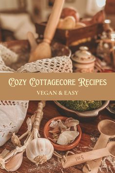 cozy cottage recipes vegan and easy cookbook cover with spoons, garlic cloves