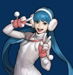 an anime character with long blue hair and white dress holding two fingers up in the air