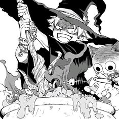 a black and white drawing of a witch with her broom in front of a pile of skulls