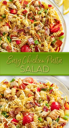 chicken pasta salad with tomatoes, bacon, peppers, and cheese Big Salads, Pizza Pasta Recipe, Greek Pasta Salad Recipe, Cozy Cook, Summer Cookout, Fresh Salad Recipes, Best Pasta Salad, Rotini Pasta