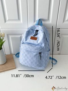 BirdinBag - Preppy Blue Checkered Pattern Classic Backpack with Letter Patch - Ideal for School Trendy Light Blue Backpack For Daily Use, Trendy Blue Backpack For School, Trendy Blue School Backpack, Trendy Blue Backpack For Everyday Use, Trendy Blue Backpack For Daily Use, Blue Shoulder Bag For Back To School, Trendy Light Blue Backpack For Students, Trendy Light Blue Backpack For School, Trendy Blue Shoulder Bag For Back To School