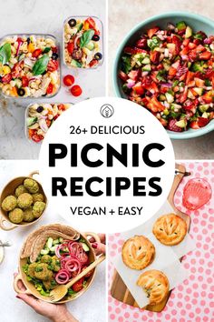 the images show different types of pies, salads and desserts with text overlay that reads 24 delicious picnic recipes vegan + easy