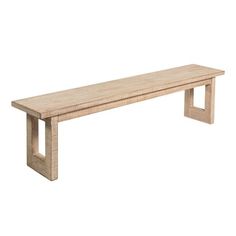 a wooden bench sitting on top of a white wall