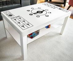 a coffee table that has a game on it