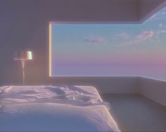 a bedroom with a large window overlooking the ocean at sunset or sunrise in the morning