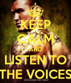 a poster with the words keep calm and listen to the voices in gold lettering