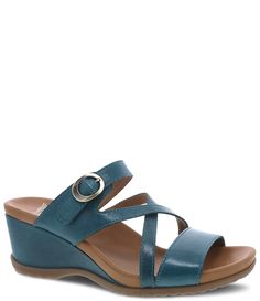 Dansko Ana Strappy Leather Wedge Slide Sandals | Dillard's Leather Socks, Dansko Shoes, How To Make Shoes, Leather Wedges, Dillard's, Leather Cover, Full Grain Leather, Slide Sandals