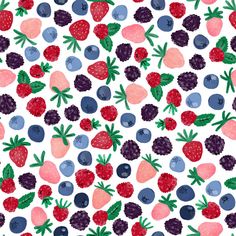 a pattern with berries, blueberries and raspberries on a white background seamlessly