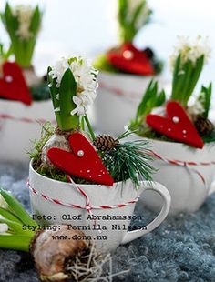 small white cups with plants and flowers in them