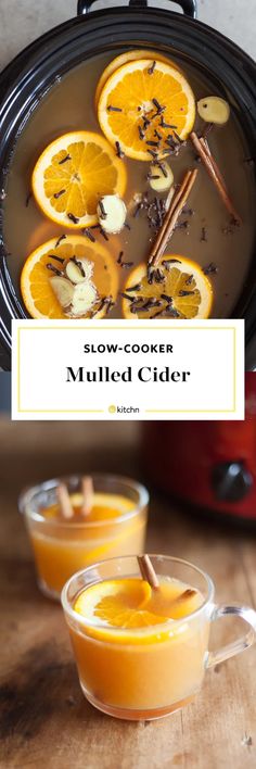 two glasses of mulled cider with cinnamon sticks and orange slices in the bowl