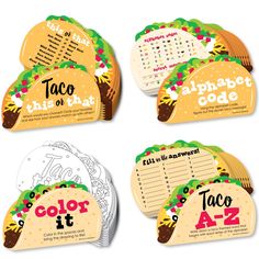 four taco themed coasters with the words,'this or that? '