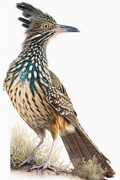 a bird with blue, brown and white feathers standing on top of dry grass in front of a white background