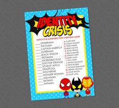 a spiderman and deadpool party game with the name identity crissop on it