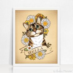 a cat with daisies on it's head and the word hello written in large letters