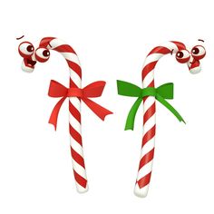 two candy canes with eyes and bows