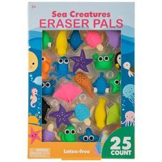 the sea creatures eraser pals are in a box with different colors and shapes