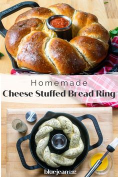 homemade cheese stuffed bread ring in a cast iron skillet